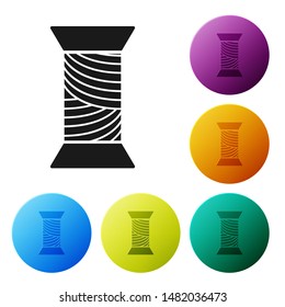 Black Sewing thread on spool icon isolated on white background. Yarn spool. Thread bobbin. Set icons colorful circle buttons. Vector Illustration