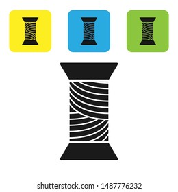 Black Sewing thread on spool icon isolated on white background. Yarn spool. Thread bobbin. Set icons colorful square buttons. Vector Illustration