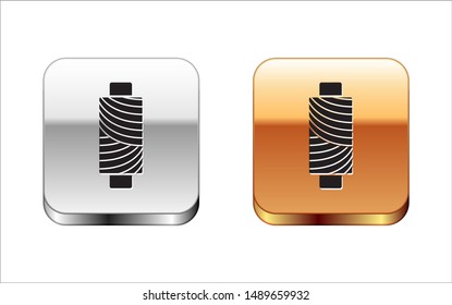 Black Sewing thread on spool icon isolated on white background. Yarn spool. Thread bobbin. Silver-gold square button. Vector Illustration