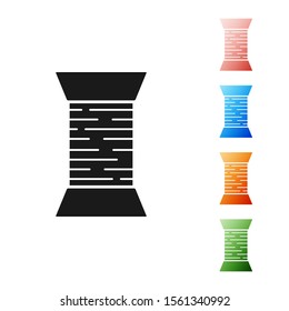 Black Sewing thread on spool icon isolated on white background. Yarn spool. Thread bobbin. Set icons colorful. Vector Illustration