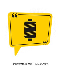 Black Sewing thread on spool icon isolated on white background. Yarn spool. Thread bobbin. Yellow speech bubble symbol. Vector Illustration