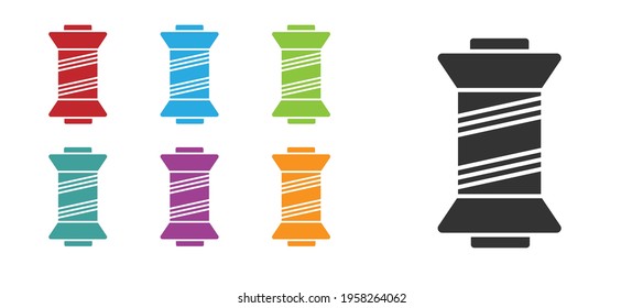 Black Sewing thread on spool icon isolated on white background. Yarn spool. Thread bobbin. Set icons colorful. Vector Illustration