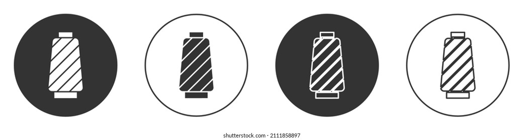 Black Sewing thread on spool icon isolated on white background. Yarn spool. Thread bobbin. Circle button. Vector