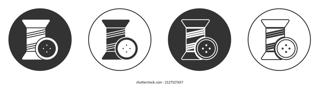 Black Sewing thread on spool and button icon isolated on white background. Yarn spool. Thread bobbin. Circle button. Vector Illustration