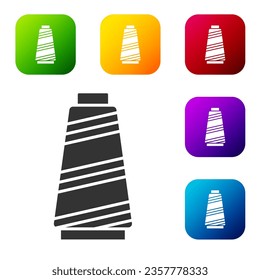 Black Sewing thread on spool icon isolated on white background. Yarn spool. Thread bobbin. Set icons in color square buttons. Vector Illustration
