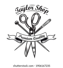 Black sewing tools emblem template for handmade store. Vector illustrations of tailoring needles, pins and scissors. Craft concept for tailor shop or sewing classes emblem design