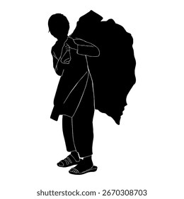 Sombra negra de un muchacho que lleva una bolsa de pertenencias viejas en un fondo blanco