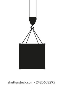 Contenedor negro de carga de sombra colgado en un gancho de grúa. Ilustración vectorial. Diseño plano.	
