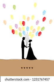 A black shadow couple stand and look each other as holding together color finger printed balloons vector illustration created on Nov 17, 2018 for wedding finger tree