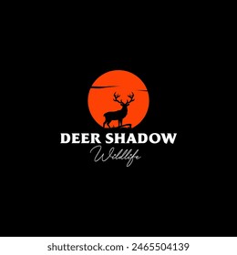 Black Shadow of Deer in Sunset Silhouette, Nature and Animal Landscape Logo