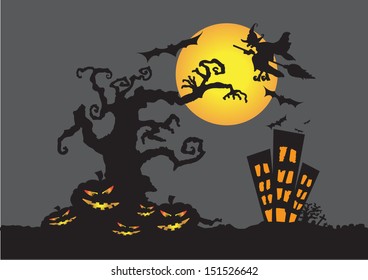 Black shadow of horror tree with halloween pumpkin and  witch flying over the moon light