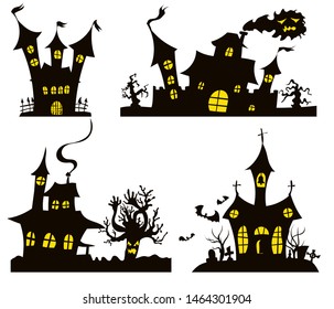 black shadow house selection with bright windows halloween drawings