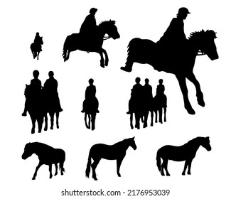 Black shadow illustration jockey riding a horse.Set of horse silhouette in line art style.Horse vector by hand drawing.Horse tattoo on white background.