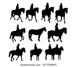 Black shadow illustration jockey riding a horse.Set of horse silhouette in line art style.Horse vector by hand drawing.Horse tattoo on white background.