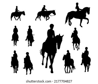 Black shadow illustration jockey riding a horse.Set of horse silhouette in line art style.Horse vector by hand drawing.Horse tattoo on white background.