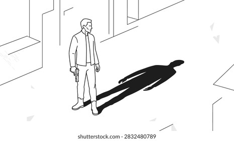 Black shadow of a person walking in a simple line art hallway