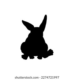 Black shadow silhouette of fluffy rabbit or hare holding ears up, vector illustration isolated on white background. Rabbit or bunny dark shape contour.