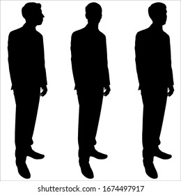 Black shadow silhouette of a man isolated on a white background. Manikin. Three different poses. Side view and full face. Vector illustration of a male silhouette in a suit. Businessman is standing.