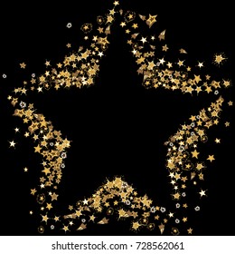 Black shadow star on black background shaded by golden stars. Shade consists of many cute doodle stars. Vector illustration for print, textile and paper