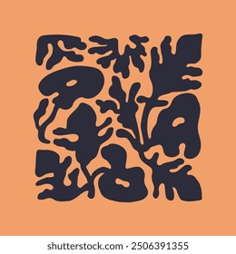 Black shadows of flowers Matisse on card. Stylized silhouettes of leaves with curved shape. Print of abstract twisted plants. Floral pattern for wall art, interior decoration. Flat vector illustration