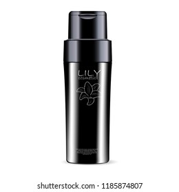 Black shampoo or shower gel bottle cosmetics mockup with glossy lid. Realistic cosmetic package design. Vector illustration.