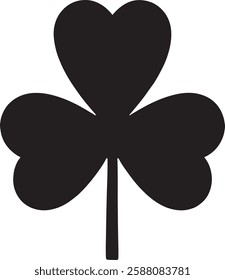 A black Shamrock icon on a white background, featuring three heart-shaped leaves connected at the stem. The minimalistic design symbolizes luck and Irish heritage in a clean, elegant style.