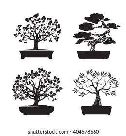 Black shape Bonsai Trees. Vector Illustration.