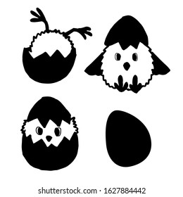 Black shape egg shard cute chicken tattoo collection baby bird easter muscot outline collection poult hatch spring holiday design white isolated springer set stock vector illustration