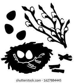 Black shape eggs weeping willow sprig bouquet with 8 march holiday burgeons and nest element botanic outline artwork herbal set white isolated easter collection stock vector illustration 