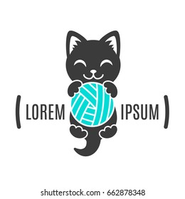 Black shape of kitten with ball in paws. Cat logo. Simple animal logotype for shop and vet clinic. Handmade company