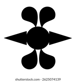 Una forma negra sobre un fondo blanco con un círculo en el centro, triángulos y óvalos a su alrededor, similar a un agujero de personaje de dibujos animados.