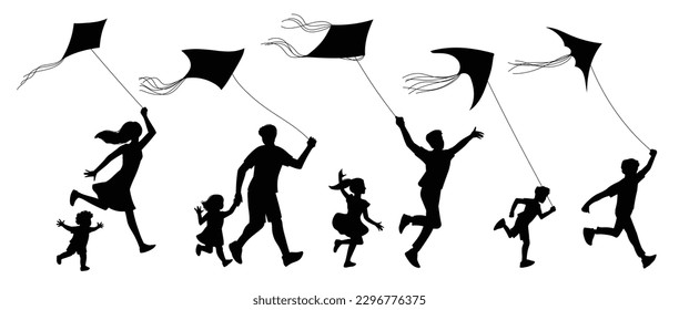 Black shape silhouettes set of people playing with air kites and fly it to sky, vector illustration isolated on white background. Happy joyful families silhouettes.