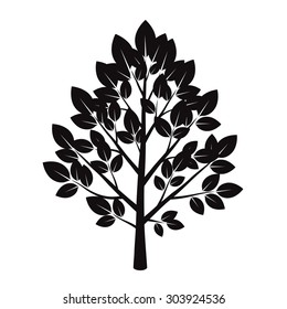 Black shape of Tree with Leaves on white background. Vector outline Illustration.