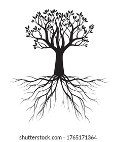Black shape of Tree with Leaves and Roots. Vector outline Illustration. Plant in Garden. EPS file.