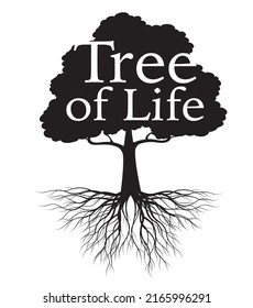 Schwarzer Baum des Lebens mit Wurzeln. Vektorgrafik-Skizze. Ein Symbol für persönliches Wachstum, Kraft und Schönheit.