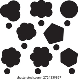 Formas negras y manchas sobre un fondo blanco, incluyendo círculos, hexágonos y formas amorfas parecidas a nubes.
