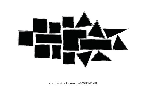 Black shapes including squares and triangles are arranged together to form an abstract design