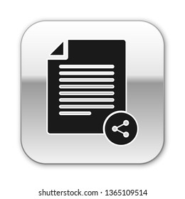 Black Share file icon isolated on white background. File sharing. File transfer sign. Silver square button. Vector Illustration