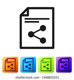 Black Share file icon isolated on white background. File sharing. File transfer sign. Set icon in color square buttons. Vector Illustration