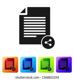 Black Share file icon isolated on white background. File sharing. File transfer sign. Set icon in color square buttons. Vector Illustration