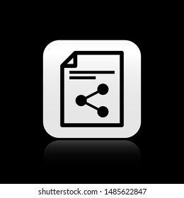 Black Share file icon isolated on black background. File sharing. File transfer sign. Silver square button. Vector Illustration