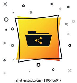 Black Share folder icon isolated on white background. Folder sharing. Folder transfer sign. Yellow square button. Vector Illustration