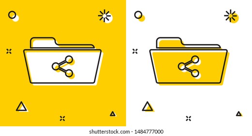 Black Share folder icon isolated on yellow and white background. Folder sharing. Folder transfer sign. Random dynamic shapes. Vector Illustration