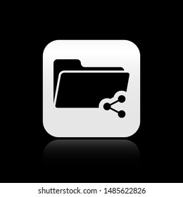 Black Share folder icon isolated on black background. Folder sharing. Folder transfer sign. Silver square button. Vector Illustration