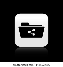 Black Share folder icon isolated on black background. Folder sharing. Folder transfer sign. Silver square button. Vector Illustration