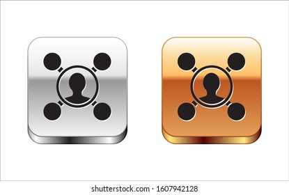 Black Share icon isolated on white background. Sharing, communication pictogram, social media, connection, network, distribute. Silver-gold square button. Vector Illustration