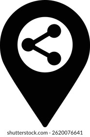 Black share location icon; simple, bold design for maps, apps, and websites.