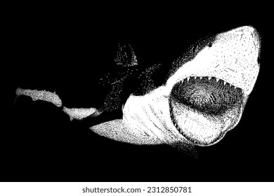 black shark attack hand drawing vector isolated on black background.
