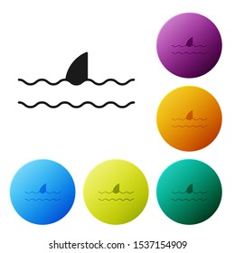 Black Shark fin in ocean wave icon isolated on white background. Set icons colorful circle buttons. Vector Illustration