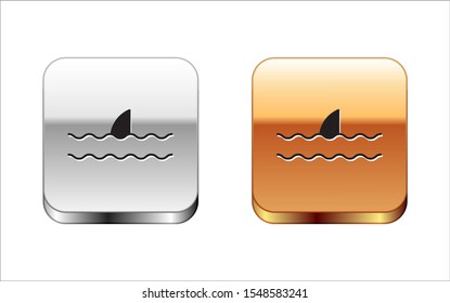 Black Shark fin in ocean wave icon isolated on white background. Silver-gold square button. Vector Illustration